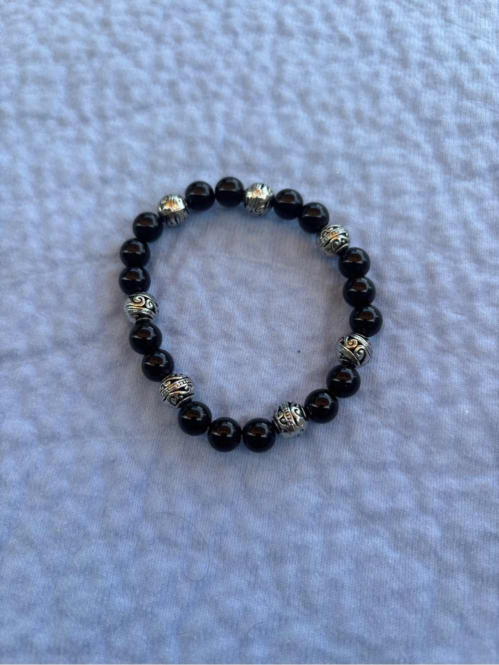 Black Beaded Stretch Bracelet with Silver Accent Beads